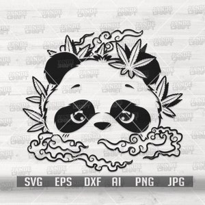 May include: Black and white illustration of a panda bear with marijuana leaves around its head and smoke coming out of its mouth.