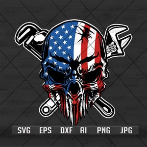 May include: A black and white skull with an American flag design. Two crossed wrenches are behind the skull.