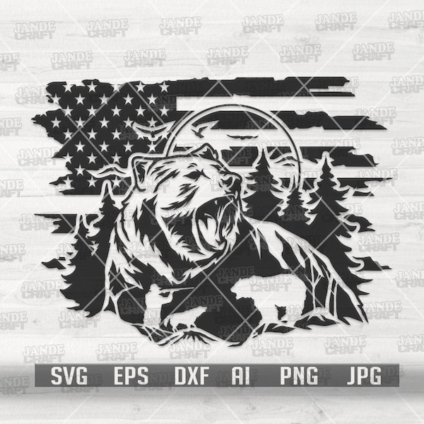 US Bear Hunting svg | Outdoor Scene Cutfile | Wild Life Stencil | Roar Brown Grizz dxf | Grizzly Hunter Clipart | Safari Jungle Animal png