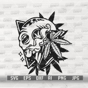 Könnte beinhalten: Schwarz-weiß-Illustration eines Schädels mit einem Marihuanablatt im Mund. Der Schädel trägt ein Bandana und hat ein Marihuanablatt dahinter.