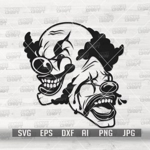 Laugh Now Cry Later svg / Joker Theatre Mask Clipart / Killer Clown Cutfile / Happy Sad Faces dxf / Smile Frown Shirt png / Mascot Stencil