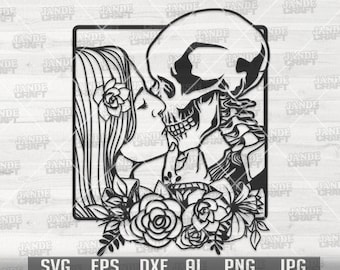 SVG de amantes de calaveras / Clipart "Hasta que la muerte nos separe" / Archivo de corte "La muerte" / Camiseta de pareja png / Archivo dxf de la Dama de la Muerte / Plantilla de esqueleto besándose con flores