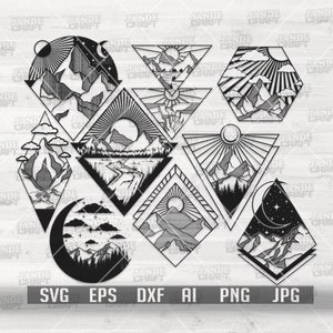 9 幾何学的な山の SVG バンドル | アウトドア キャンプ デザイン png | キャンプ ライフ シャツ png | 抽象的なクリップアート | ボヘミアン カット ファイル | アドベンチャー ギフトのアイデア