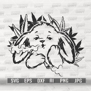 May include: Black and white graphic of a cartoon rabbit exhaling smoke, surrounded by cannabis leaves. The rabbit has a relaxed expression. The image includes the text "SVG EPS DXF AI PNG JPG".