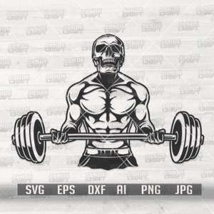 May include: Black and white illustration of a muscular figure lifting a barbell. The figure has a skull for a head and is wearing shorts.