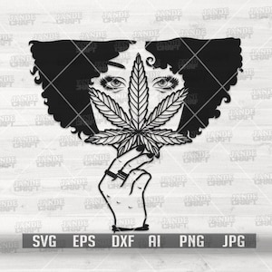 May include: Black and white line art illustration of a woman with an afro holding a marijuana leaf in her hand. The woman's eyes are visible and she is looking at the viewer.