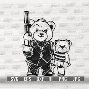 Teddy père et fille avec Gun svg | Clipart famille mafia | Gangster Dad Girl Cutfile | Pochoir ours en peluche hippie | Chemise Hipster Grizzly
