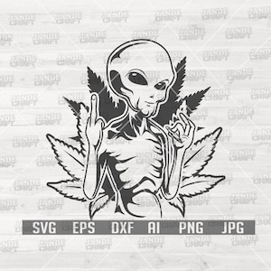 Puede incluir: Una ilustración en blanco y negro de un extraterrestre haciendo el dedo medio con una hoja de marihuana detrás.