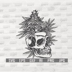 May include: Black and white illustration of a skull with marijuana leaves growing out of the top of its head.