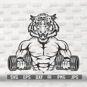 Può includere: Illustrazione in bianco e nero di una tigre muscolosa che tiene dei manubri. La tigre ha un'espressione arrabbiata. L'immagine include il testo "SVG EPS DXF AI PNG JPG".