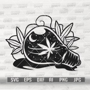 May include: Black and white illustration of a light bulb with a marijuana leaf inside. The light bulb is surrounded by marijuana leaves and has a crescent moon and stars inside.