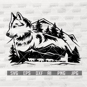 May include: Black and white silhouette of a wolf howling at the moon with a mountain range and pine trees in the background. The wolf is facing the left side of the image. The moon is not visible in the image.