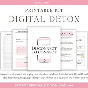Può includere: Kit di disintossicazione digitale stampabile con design rosa e bianco. Il kit include pagine con suggerimenti e una grafica di telefono con il testo "Disconnect to Connect". Progettato per aiutare gli utenti a disconnettersi dal digitale.