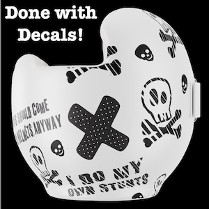 Custom Skull Decals – ‘I Do My Own Stunts’ Design for Doc Band, Cranial, Star, and Hanger Helmets – Black & White – Fast Shipping