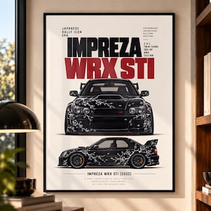 May include: A framed poster featuring a black Subaru Impreza WRX STI with white floral patterns. The text includes 'IMPREZA WRX STI', 'JAPANESE RALLY ICON ERA', '2.0 L TWIN TURBO', '280 HP', 'AWD', '353 NM', and 'IMPREZA WRX STI (2002)'.
