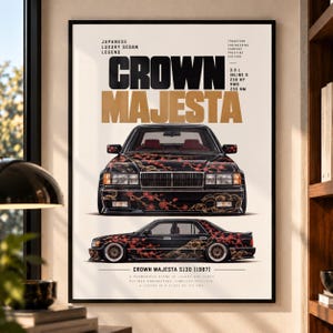 May include: A framed poster featuring a black Crown Majesta S130 sedan with gold and red floral patterns. The print displays front and side views of the car, with text including "Crown Majesta," "3.0 L Inline 6," and "230 HP" on a cream background.