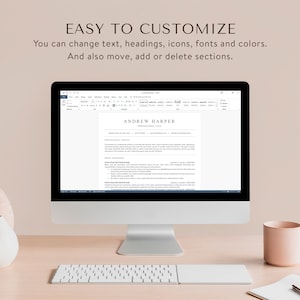 K&ouml;nnte beinhalten: Ein Computerbildschirm zeigt eine Lebenslaufvorlage mit dem Text "EASY TO CUSTOMIZE" und "You can change text, headings, icons, fonts and colors. And also move, add or delete sections." Die Lebenslaufvorlage ist mit "ANDREW HARPER" betitelt.