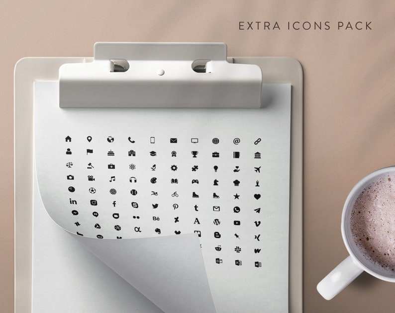 May include: A white clipboard with a black clip holds a sheet of paper with a grid of black icons. The icons represent various symbols, including social media platforms, arrows, and geometric shapes. The text "EXTRA ICONS PACK" is at the top of the sheet.