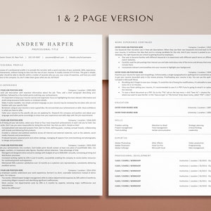 May include: A black and white resume template with the title "1 & 2 Page Version" at the top. The resume is for Andrew Harper, who lists his professional title, contact information, professional profile, work experience, education, skills, expertise, and professional development.