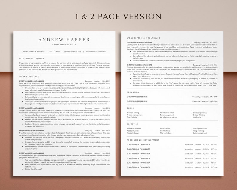 May include: A black and white resume template with the title "1 & 2 Page Version" at the top. The resume is for Andrew Harper, who lists his professional title, contact information, professional profile, work experience, education, skills, expertise, and professional development.