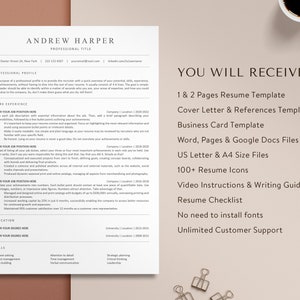 May include: A white and grey resume template with the text "You Will Receive:" and a list of items included in the template package. The items include 1 & 2 pages resume template, cover letter & references template, business card template, Word, Pages & Google Docs files, US letter & A4 size files, 100+ resume icons, video instructions & writing guide, resume checklist, no need to install fonts, and unlimited customer support.