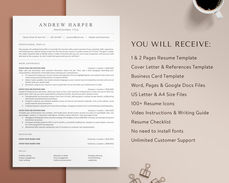 May include: A white and grey resume template with the text "You Will Receive:" and a list of items included in the template package. The items include 1 & 2 pages resume template, cover letter & references template, business card template, Word, Pages & Google Docs files, US letter & A4 size files, 100+ resume icons, video instructions & writing guide, resume checklist, no need to install fonts, and unlimited customer support.