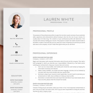 May include: A resume template with a professional profile, professional experience, and education sections. The template includes instructions for filling out each section.