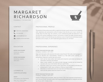 May include: A resume template for a pharmacy technician. The template includes sections for contact information, education, professional experience, licenses and certifications, and a professional profile. The template also includes a gray and white illustration of a mortar and pestle with the letter "R" inside.