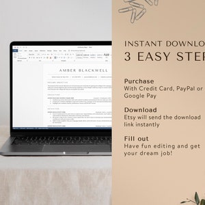 May include: A laptop computer displaying a resume template with the name "Amber Blackwell" at the top. The text on the right side of the image reads "INSTANT DOWNLOAD 3 EASY STEPS Purchase With Credit Card, PayPal or Google Pay Download Etsy will send the download link instantly Fill out Have fun editing and get your dream job!"