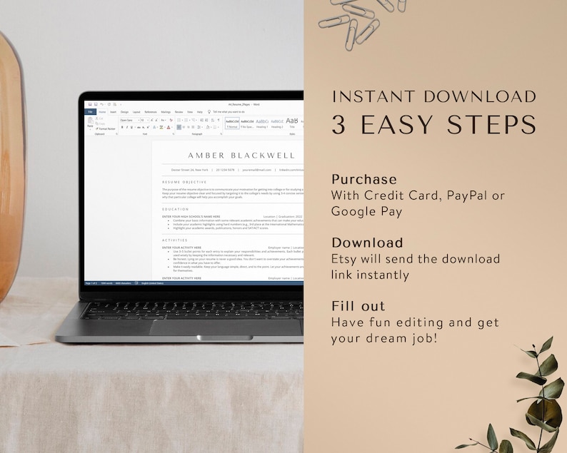 May include: A laptop computer displaying a resume template with the name "Amber Blackwell" at the top. The text on the right side of the image reads "INSTANT DOWNLOAD 3 EASY STEPS Purchase With Credit Card, PayPal or Google Pay Download Etsy will send the download link instantly Fill out Have fun editing and get your dream job!"