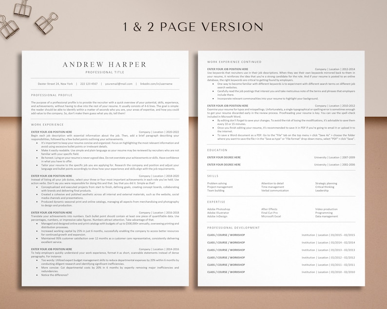 K&ouml;nnte beinhalten: Eine zweiseitige Lebenslaufvorlage mit minimalistischem Design. Der Lebenslauf ist f&uuml;r Andrew Harper, der ein Profi ist. Der Lebenslauf enth&auml;lt Abschnitte f&uuml;r das berufliche Profil, Berufserfahrung, Ausbildung, Expertise und berufliche Entwicklung. Der Lebenslauf ist mit einem sauberen und modernen Layout formatiert.