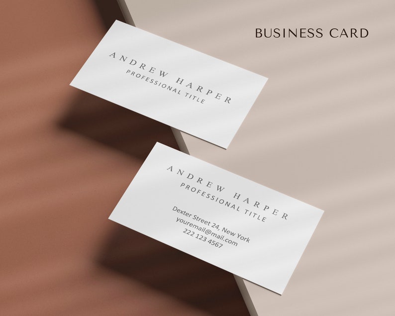 May include: A white business card with the text "ANDREW HARPER" and "PROFESSIONAL TITLE" in black font. The card also includes contact information: "Dexter Street 24, New York", "youremail@mail.com", and "222 123 4567".
