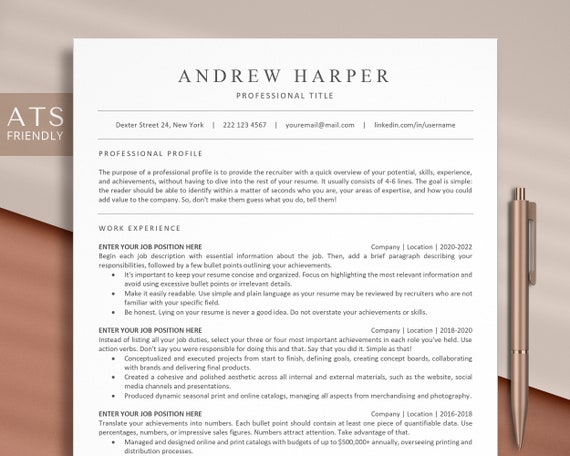 ATS Resume Template Word, Pages, Google Docs, Modern Executive Resume, Minimalist ATS CV Template, Professional Resume, Basic Simple Resume