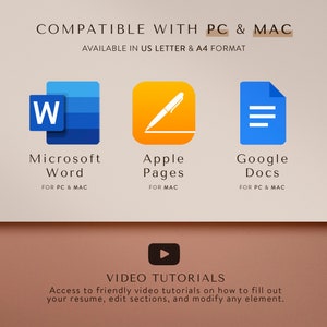 May include: A graphic showing compatibility with Microsoft Word, Apple Pages, and Google Docs. The text reads "Compatible with PC & Mac" and "Available in US Letter & A4 format".