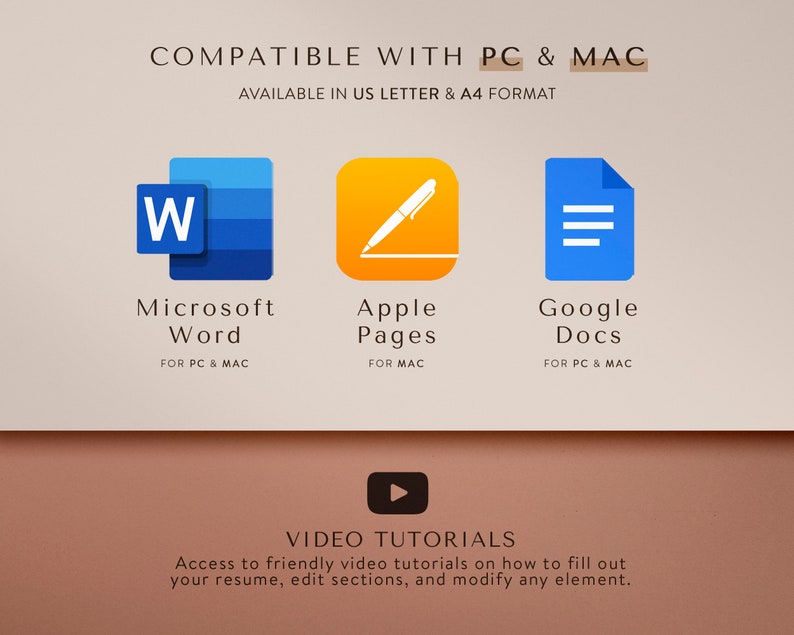 May include: A graphic showing compatibility with Microsoft Word, Apple Pages, and Google Docs. The text reads "Compatible with PC & Mac" and "Available in US Letter & A4 format".