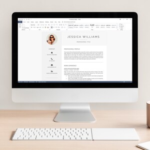 May include: A computer screen displaying a resume template with a professional headshot, contact information, and sections for professional profile, work experience, and skills. The resume is for Jessica Williams.