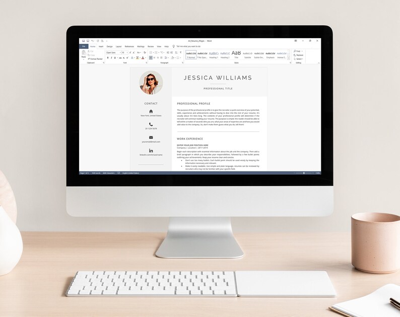 May include: A computer screen displaying a resume template with a professional headshot, contact information, and sections for professional profile, work experience, and skills. The resume is for Jessica Williams.