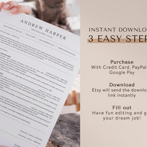 May include: A resume template with a professional design, featuring a simple layout with a black and white colour scheme. The template includes sections for professional profile, work experience, skills, and education. The text "INSTANT DOWNLOAD 3 EASY STEPS" is displayed in a large font at the top right of the page.