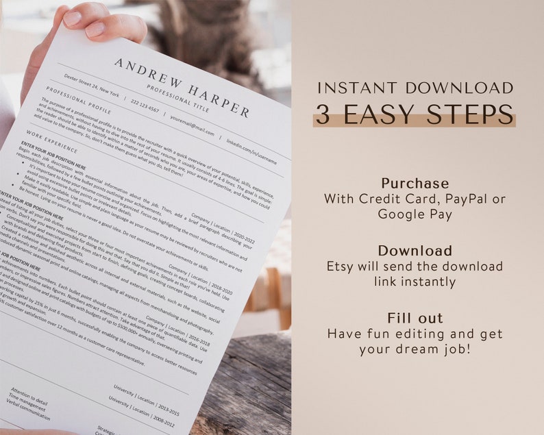 May include: A resume template with a professional design, featuring a simple layout with a black and white colour scheme. The template includes sections for professional profile, work experience, skills, and education. The text "INSTANT DOWNLOAD 3 EASY STEPS" is displayed in a large font at the top right of the page.