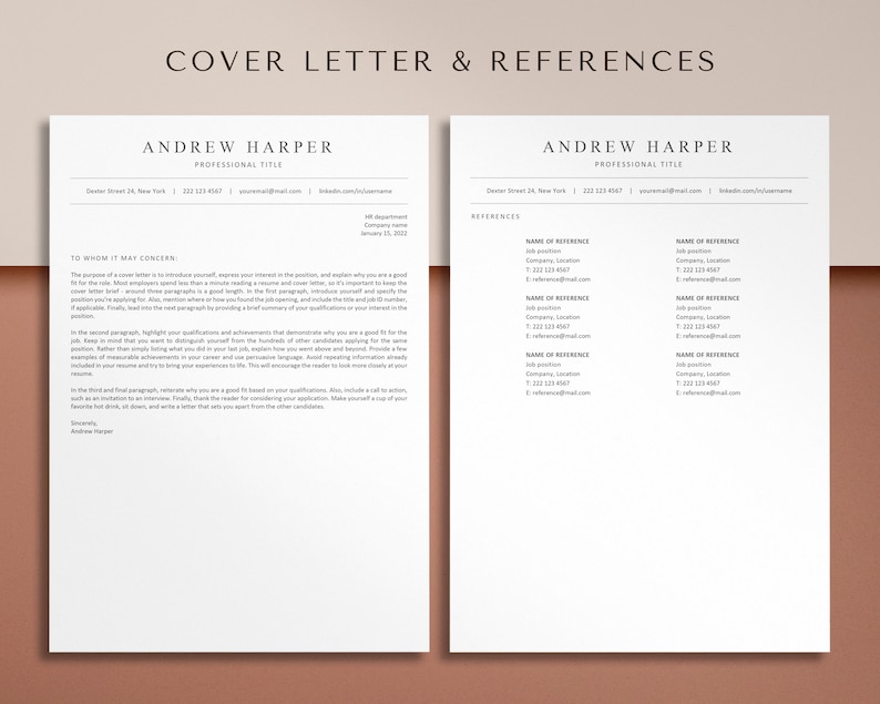 May include: A black and white cover letter and references template with the name Andrew Harper and the title "Professional Title" at the top of each page.