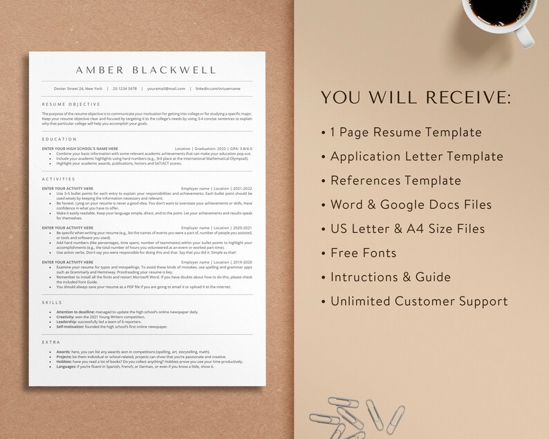 College Resume Template for High School Students, Student Resume Template Word & Google Docs, College Application Resume High School Resume image 4