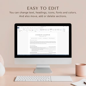 May include: A computer screen displaying a resume template with the text "ANDREW HARPER" at the top. The text "EASY TO EDIT" is displayed above the computer screen. The text below the computer screen reads "You can change text, headings, icons, fonts and colours. And also move, add or delete sections."