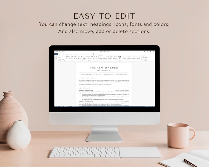 May include: A computer screen displaying a resume template with the text "ANDREW HARPER" at the top. The text "EASY TO EDIT" is displayed above the computer screen. The text below the computer screen reads "You can change text, headings, icons, fonts and colours. And also move, add or delete sections."