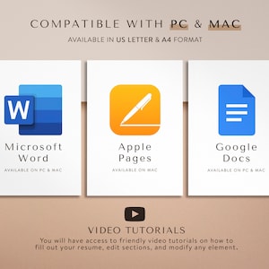 K&ouml;nnte beinhalten: Eine Grafik, die die Kompatibilit&auml;t mit Microsoft Word, Apple Pages und Google Docs zeigt. Die Grafik zeigt auch, dass das Produkt im US-Letter- und A4-Format verf&uuml;gbar ist und Video-Tutorials enth&auml;lt.