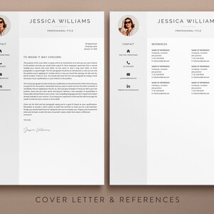 May include: A black and white cover letter and references template for a job application. The cover letter includes a section titled "To Whom It May Concern:" and a signature line. The references section includes a list of references with their names, job titles, companies, locations, phone numbers, and email addresses.