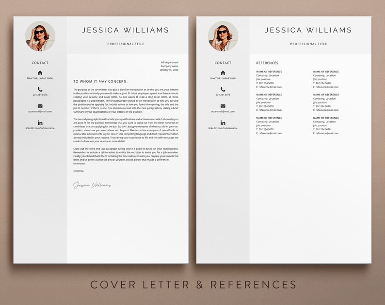 May include: A black and white cover letter and references template for a job application. The cover letter includes a section titled "To Whom It May Concern:" and a signature line. The references section includes a list of references with their names, job titles, companies, locations, phone numbers, and email addresses.