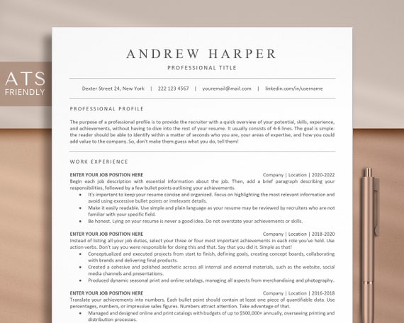 ATS Resume Template Word, Pages, Google Docs, ATS Friendly Resume Template, Google Docs Resume Template, Professional Resume Template Word
