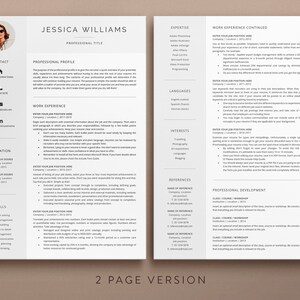 May include: A two-page resume template with a professional design. The resume includes sections for contact information, professional profile, work experience, education, skills, expertise, languages, interests, references, and professional development. The resume is designed to be used by job seekers to showcase their qualifications and experience.