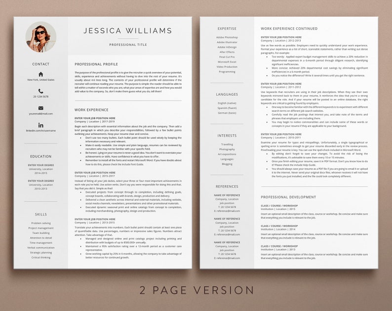 May include: A two-page resume template with a professional design. The resume includes sections for contact information, professional profile, work experience, education, skills, expertise, languages, interests, references, and professional development. The resume is designed to be used by job seekers to showcase their qualifications and experience.