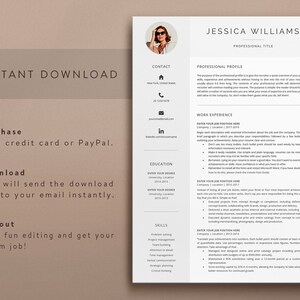 May include: A black and white resume template with the text "INSTANT DOWNLOAD", "Purchase with credit card or PayPal", "Download Etsy will send the download link to your email instantly", and "Fill out Have fun editing and get your dream job!" The resume template is for Jessica Williams, with a professional title, contact information, professional profile, work experience, education, and skills sections.